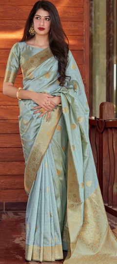 Traditional Blue color Saree in Banarasi Silk, Silk fabric with South Weaving work : 1701468