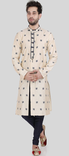 Beige and Brown color Kurta Pyjamas in Art Silk fabric with Printed work