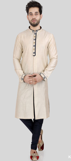 Beige and Brown color Kurta Pyjamas in Art Silk fabric with Printed work
