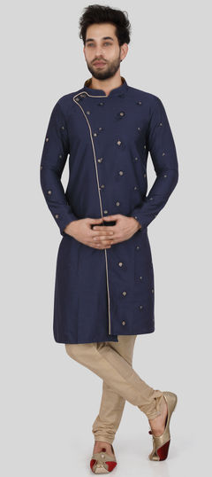 Blue color Kurta Pyjamas in Silk cotton fabric with Embroidered, Thread work