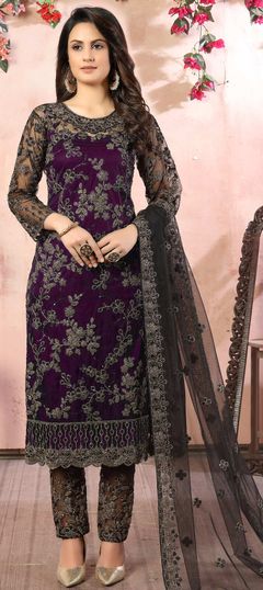 Festive, Party Wear Black and Grey, Purple and Violet color Salwar Kameez in Net fabric with Straight Sequence work : 1701752