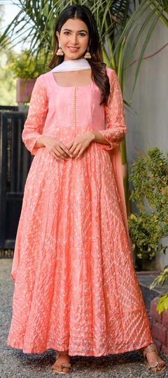 Pink and Majenta color Gown in Art Silk fabric with Bandhej, Printed work