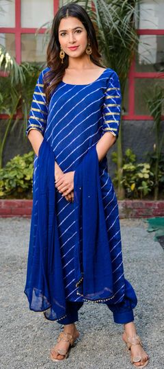 Blue color Salwar Kameez in Chiffon fabric with Lehariya, Printed work