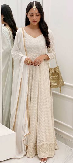 White and Off White color Gown in Georgette fabric with Embroidered, Thread work