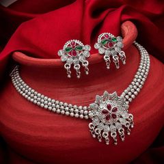 Silver Rodium Polish Green, Red and Maroon color Necklace in Metal Alloy studded with CZ Diamond