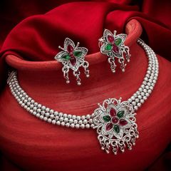 Silver Rodium Polish Green, Red and Maroon color Necklace in Metal Alloy studded with CZ Diamond