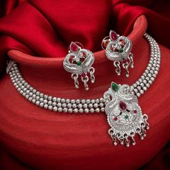 Silver Rodium Polish Green, Red and Maroon color Necklace in Metal Alloy studded with CZ Diamond