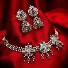 Green, Red and Maroon color Necklace in Metal Alloy studded with CZ Diamond & Silver Rodium Polish : 1702268