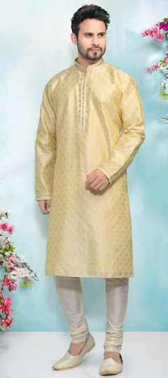 Beige and Brown color Kurta Pyjamas in Jacquard fabric with Weaving work