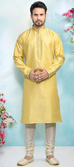 Yellow color Kurta Pyjamas in Jacquard fabric with Weaving work