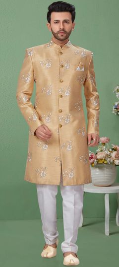 Gold color Sherwani in Dupion Silk fabric with Embroidered, Resham, Thread work : 1703252