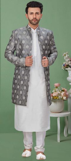 Black and Grey color Kurta Pyjama with Jacket in Dupion Silk fabric with Embroidered, Resham, Thread work