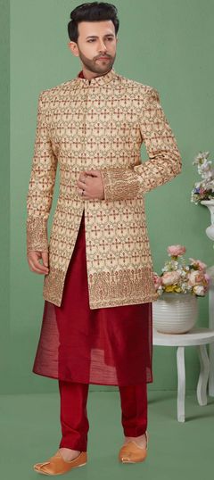 Gold color Kurta Pyjama with Jacket in Dupion Silk fabric with Embroidered, Resham, Thread work