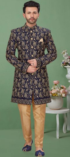 Blue color Sherwani in Art Silk fabric with Embroidered, Thread, Zari work