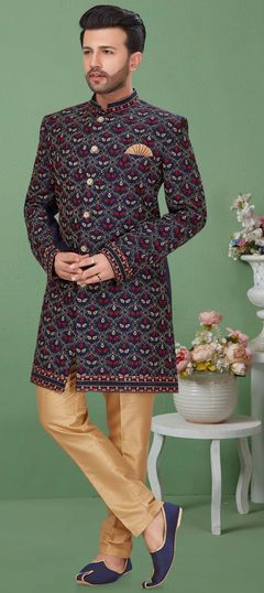 Blue color Sherwani in Art Silk fabric with Embroidered, Resham, Thread, Zari work