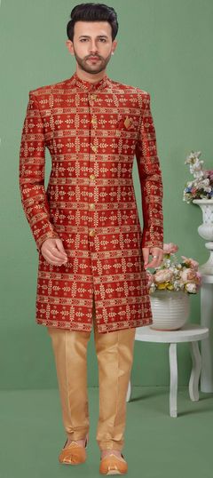 Beige and Brown color Sherwani in Dupion Silk fabric with Embroidered, Thread, Zari work