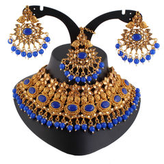 Gold Rodium Polish Blue color Necklace in Metal Alloy studded with Austrian diamond