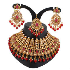 Gold Rodium Polish Red and Maroon color Necklace in Metal Alloy studded with Austrian diamond