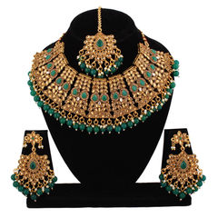 Gold Rodium Polish Green color Necklace in Metal Alloy studded with Austrian diamond