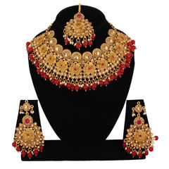 Gold Rodium Polish Red and Maroon color Necklace in Metal Alloy studded with Austrian diamond