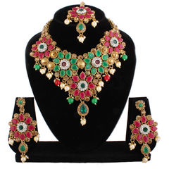 Gold Rodium Polish Multicolor color Necklace in Metal Alloy studded with CZ Diamond, Pearl