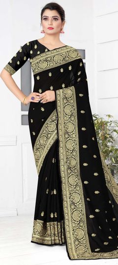 Black and Grey color Saree in Silk fabric with Embroidered, Stone, Zari work