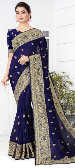 Blue color Saree in Art Silk, Silk fabric with Embroidered, Stone, Thread, Zari work