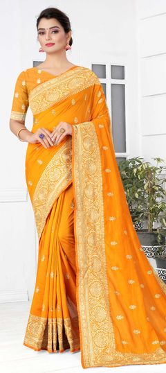 Orange color Saree in Art Silk, Silk fabric with Embroidered, Resham, Stone, Thread, Zari work