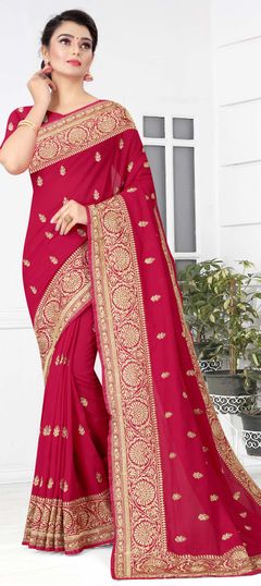 Red and Maroon color Saree in Art Silk, Silk fabric with Embroidered, Stone, Thread, Zari work