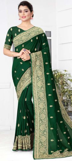 Green color Saree in Art Silk, Silk fabric with Embroidered, Stone, Thread, Zari work