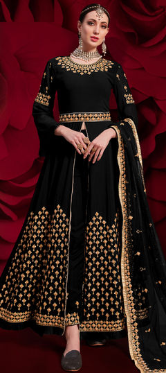 Black and Grey color Salwar Kameez in Georgette fabric with Embroidered, Mirror, Resham, Stone work