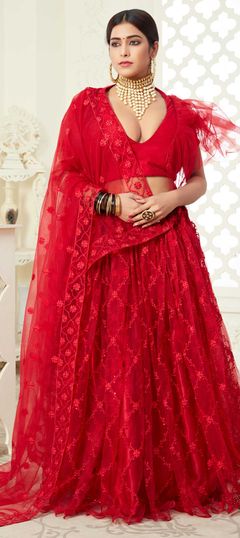 Red and Maroon color Lehenga in Net fabric with Embroidered, Thread work