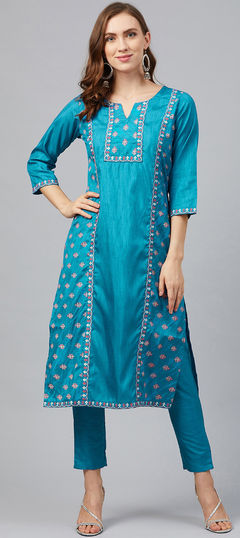 Blue color Tunic with Bottom in Poly Silk fabric with Printed, Thread work