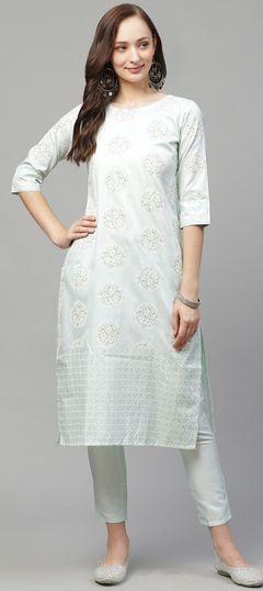 Blue color Tunic with Bottom in Poly Silk fabric with Printed work