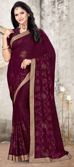 Purple and Violet color Saree in Georgette fabric with Embroidered, Resham, Stone, Thread work