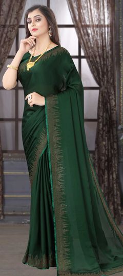 Green color Saree in Satin Silk, Silk fabric with Stone, Swarovski work