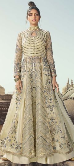 Beige and Brown color Long Lehenga Choli in Net fabric with Sequence, Stone, Thread, Zari work