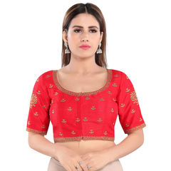 Red and Maroon color Blouse in Mulberry Silk fabric with Thread, Zari work