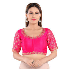 Pink and Majenta color Blouse in Mulberry Silk fabric with Thread, Zari work