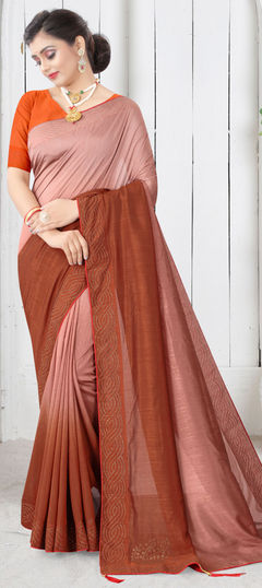 Beige and Brown, Pink and Majenta color Saree in Art Silk, Silk fabric with Stone, Swarovski work