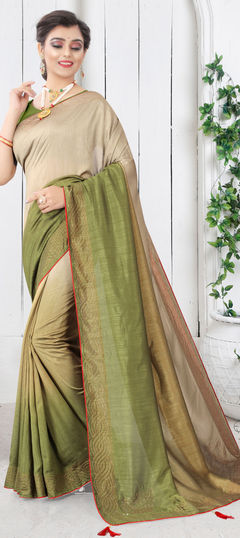 Beige and Brown, Green color Saree in Art Silk, Silk fabric with Stone, Swarovski work