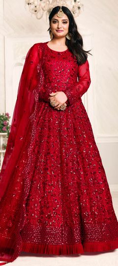 Festive, Party Wear Red and Maroon color Salwar Kameez in Net fabric with Anarkali Sequence, Thread work : 1704721