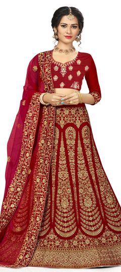 Red and Maroon color Lehenga in Velvet fabric with Embroidered, Stone, Thread, Zari work