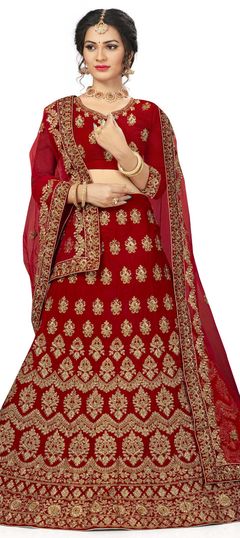 Red and Maroon color Lehenga in Velvet fabric with Embroidered, Stone, Thread, Zari work