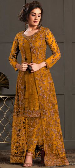 Orange color Salwar Kameez in Net fabric with Embroidered, Thread work