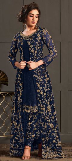 Blue color Salwar Kameez in Net fabric with Embroidered, Thread work