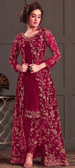 Red and Maroon color Salwar Kameez in Net fabric with Embroidered, Thread work