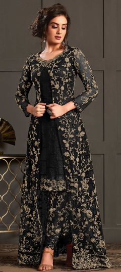 Black and Grey color Salwar Kameez in Net fabric with Embroidered, Thread work