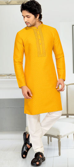 Yellow color Kurta Pyjamas in Jacquard fabric with Thread work