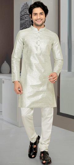 Silver color Kurta Pyjamas in Art Silk fabric with Thread work